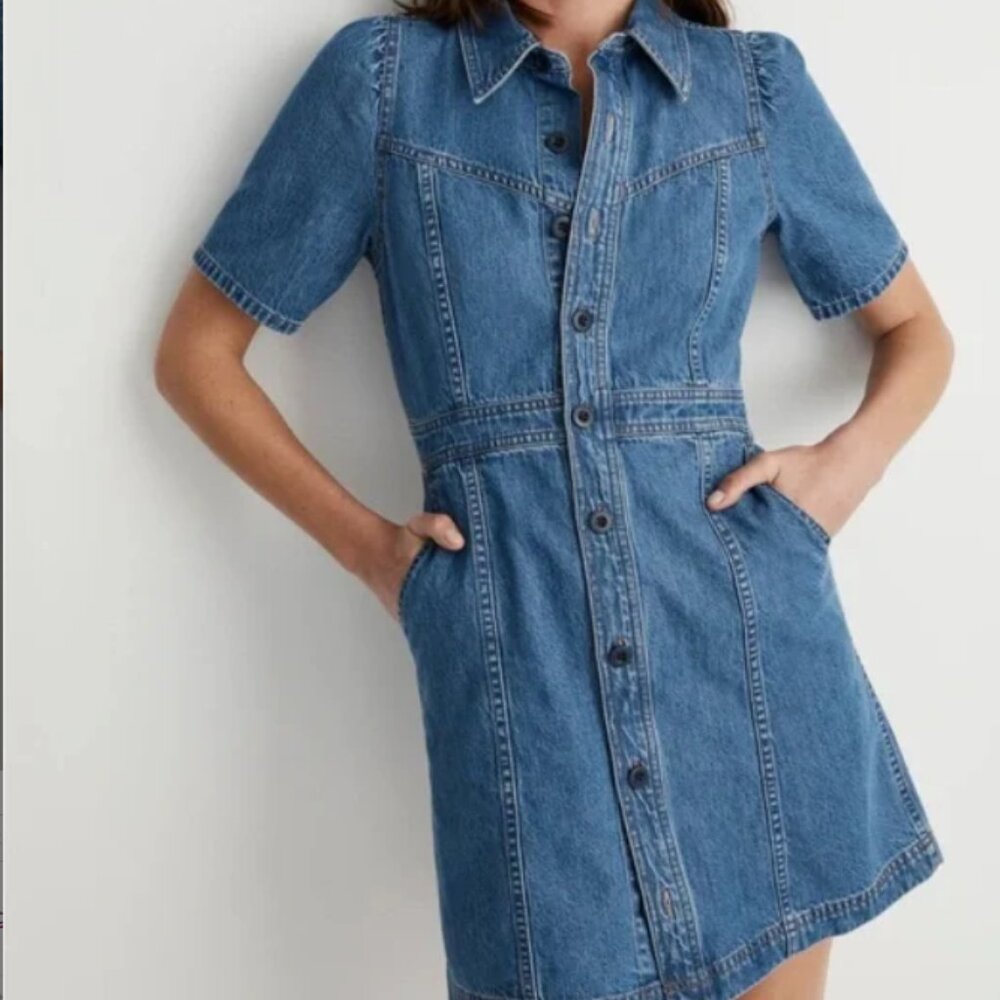NWT Madewell denim puff-sleeve mini dress in stonehaven wash